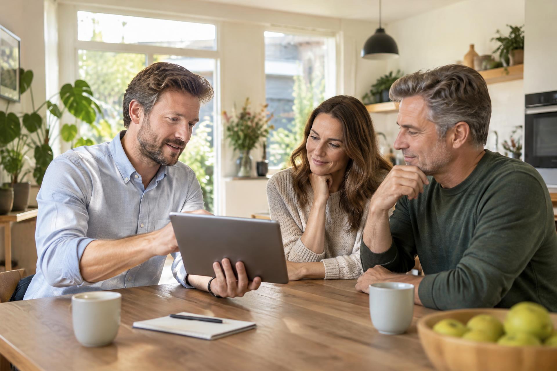 Adviseur bespreekt een thuisbatterij met bewoners aan de keukentafel